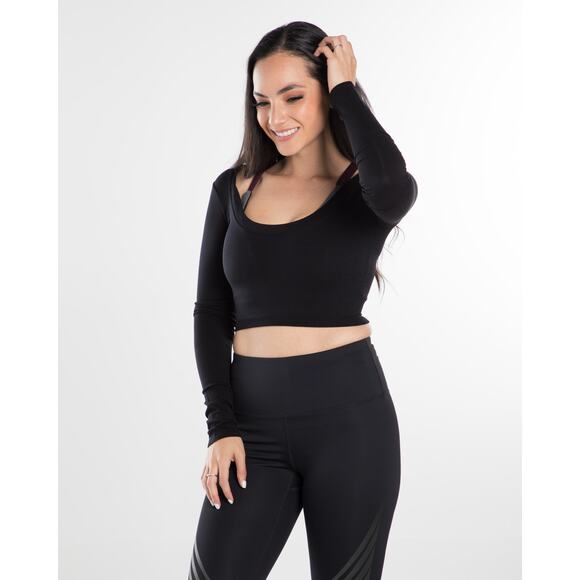 Black Deep Round Neck Athleisure Crop Top - Picture 4 of 6